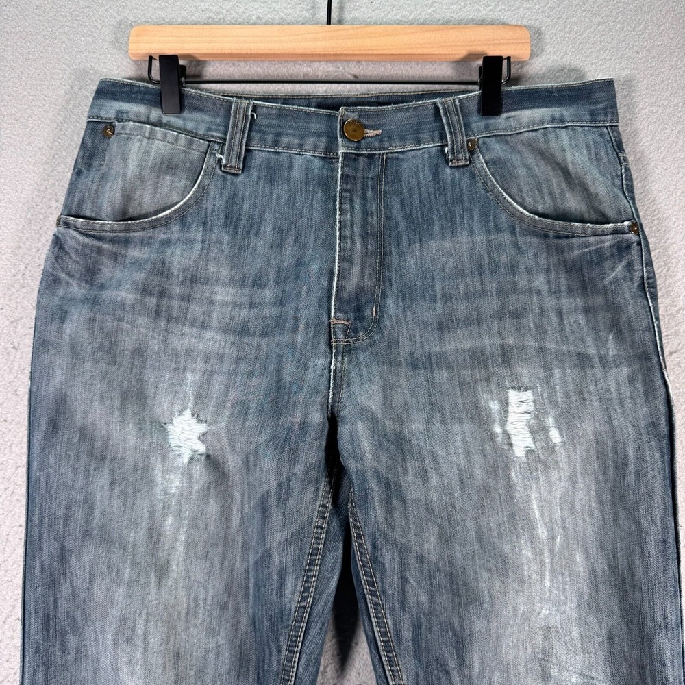 PD&C Slim Straight Jeans Mens 34x30 Blue Medium Wash Classic Distressed Denim - Picture 3 of 16
